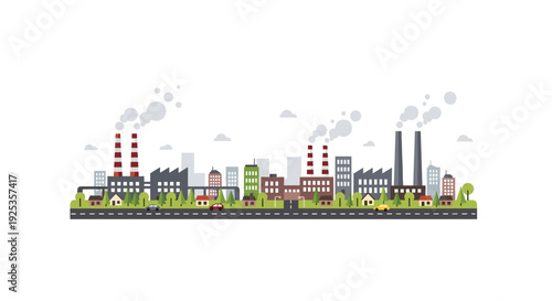 A sprawling industrial cityscape is illustrated with numerous factories featuring tall smokestacks emitting white smoke, alongside residential buildings, green trees, and a road with cars.