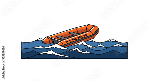 A bright orange inflatable boat with black accents and rope details is depicted floating dynamically on a series of stylized blue and white ocean waves.