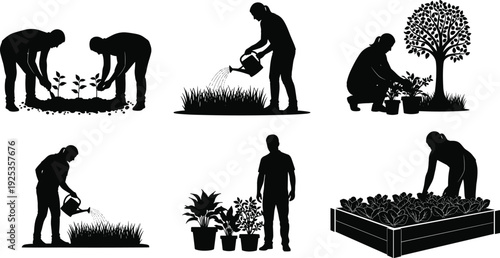 Gardening Activity Silhouette Set Showing Planting, Watering, Tree Care and Urban Farming Work for Sustainable Green Lifestyle Concept IllustrationGardening Activity Silhouette 