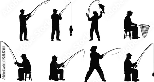 Black silhouette collection of fishermen catching fish with rods in various poses including standing sitting and kneeling isolated on white background vector illustration