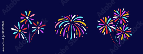 Crayon colorful fireworks set. Handdrawn sketches of sparkles, firecracker, confetti. Pencil or chalk drawing. Cute childish party mood doodles. For birthday, carnival, holiday design. Vector, dark bg