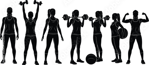 Women in fitness poses with dumbbells and medicine ball silhouettes exercise workout