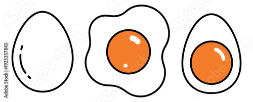 Simple line art egg set featuring a whole egg, fried egg, and a half boiled egg for breakfast and cooking concepts