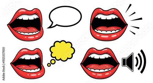 Pop art open mouths set featuring speech and thought bubbles for communication and expression