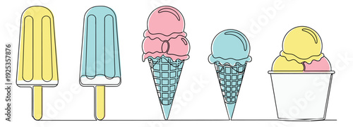 Hand drawn continuous line art ice cream and frozen dessert set featuring popsicles, cones, and a cup for summer treats and sweet snacks
