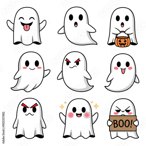 Cute cartoon ghost characters set featuring various emotions and Halloween elements for Halloween celebrations