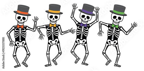 Cartoon skeletons set featuring dancing poses with top hats and colorful bow ties for halloween parties