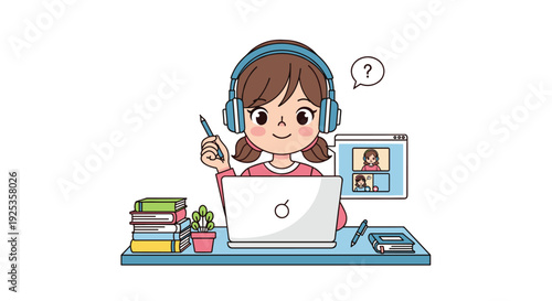 A smiling young girl wearing blue headphones works diligently on a laptop at a desk, surrounded by books and a plant.