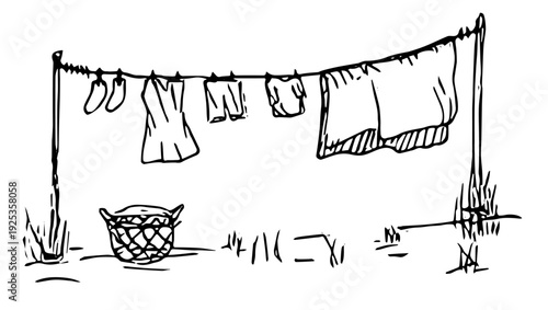 Outdoor Laundry Line with Hanging Clothes and Basket Sketch vector illustration
