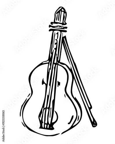 Classic Violin and Bow Musical Instrument Line Art Sketch vector illustration