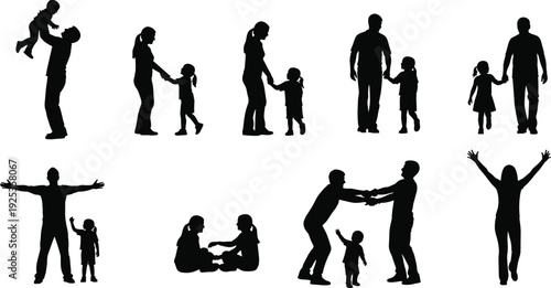 Family Parenting Silhouette Set Showing Parents and Children Bonding, Playing, Walking Together and Expressing Love in Happy Family Lifestyle Concept
