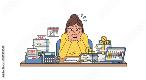A distressed woman with her hands on her head is seated at a desk, surrounded by towering stacks of debt documents, money, a calculator, and a laptop displaying financial graphs.