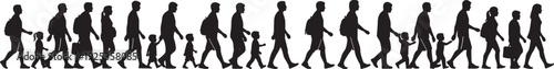 Silhouettes of diverse individuals walking side by side, including adults and children, symbolizing community, migration, lifestyle diversity, human movement, and everyday social progression.