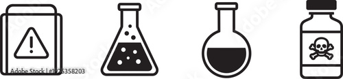 Silhouettes of laboratory hazard icons including chemical flasks, toxic vial, and warning symbols, representing science, safety, experimentation, caution, and chemical research environments.