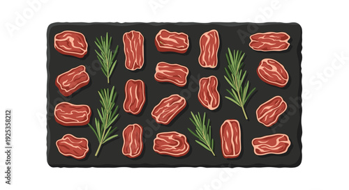 Numerous small, irregularly shaped pieces of raw red meat are neatly arranged on a rectangular dark grey cutting board, interspersed with fresh green rosemary sprigs against a white background.
