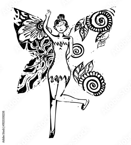 Magical Flower Fairy with Butterfly Wings Line Art vector illustration