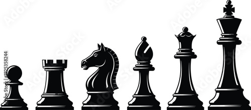 Chess pieces silhouette set king queen rook bishop knight pawn isolated on white background strategy board game vector