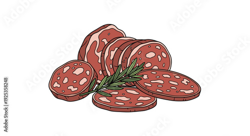 Multiple round slices of cured sausage or salami, exhibiting distinct fat marbling, are loosely piled on a white surface with a fresh sprig of green rosemary nestled among them.