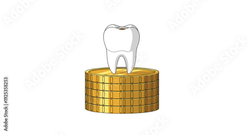 A single, anatomically correct white tooth is prominently displayed standing upright on a neatly stacked pile of five shiny gold coins against a clean white background.