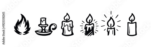 Hand-Drawn Flame and Candle Icons Set with Candle Holder
