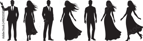 Silhouettes of men and women standing in varied postures and attire, including suits and flowing dresses, symbolizing fashion diversity, lifestyle, and human expression.
