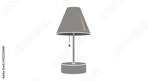 A simple, minimalist grey table lamp with a conical shade and a cylindrical base is centrally positioned against a pristine white background.