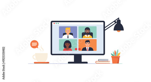 A desktop computer monitor displays a video conference with four diverse individuals, accompanied by a desk lamp and coffee cup.