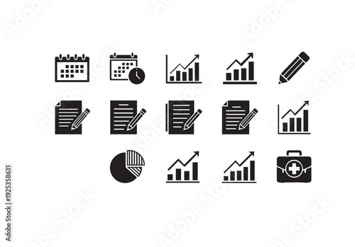 Icon set for business and finance analysis, including charts, graphs, documents, calendar and medical aid
