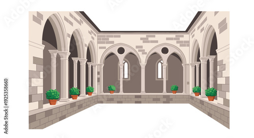 An empty stone cloister or courtyard is depicted with a series of arched openings, sturdy columns, and six green potted plants.