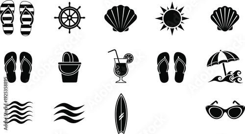 Summer beach icon set with flip flops sun seashell cocktail surfboard and umbrella silhouette vector illustration