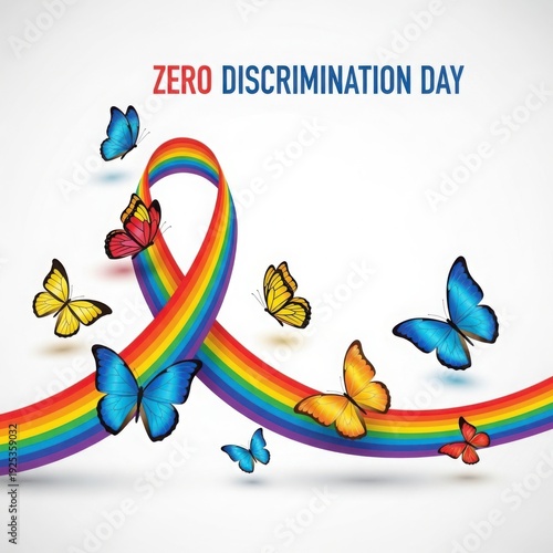 Celebrating diversity and unity with colorful butterflies and a rainbow ribbon on zero discrimination day
