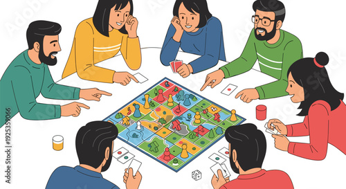 A diverse group of six friends is gathered around a circular white table, actively playing a colorful board game with cards and pieces.