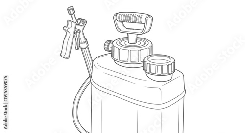 Garden sprayer pump with hose and trigger nozzle, isolated on white background, line art.