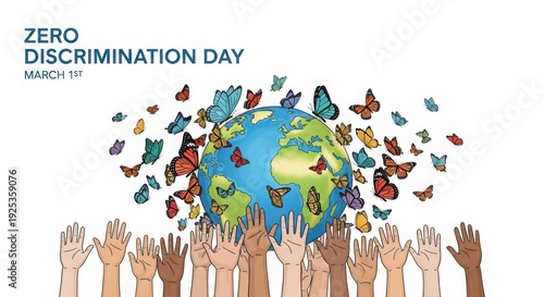 Global unity and diversity celebrated on zero discrimination day with people of all backgrounds.