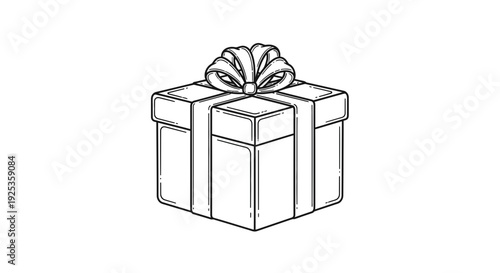 Gift Box with Ribbon and Bow, Black and White Line Drawing Illustration