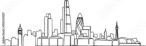Single continuous line drawing of London city skyline. Famous city skyscraper landscape in world. World travel campaign home wall decor poster concept. Vector black silhouette. with white background