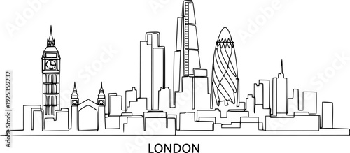 Single continuous line drawing of London city skyline. Famous city skyscraper landscape in world. World travel campaign home wall decor poster concept. Vector black silhouette. with white background