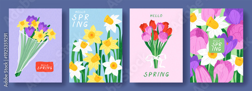 Hand drawn botanical set of posters or cards with spring flowers. Vintage illustrations with narcissus, tulip, crocus. Modern template design for Mother's Day, Easter, Women's Day, holiday invitation