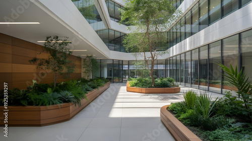 Photos Bright and modern atrium with planters and a beautiful tree in the center