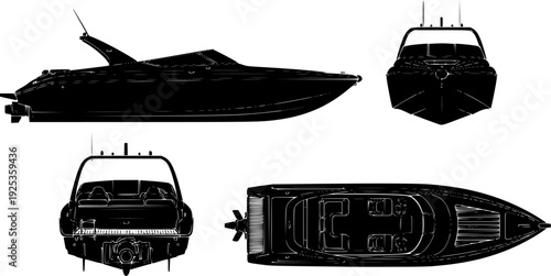 jet boat silhouette icons set side, front, back, and top views vector art illustration
