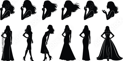 Elegant Women Silhouette Fashion Model Pose Collection in Evening Gown and Casual Dress for Boutique Branding and Glamour Design.