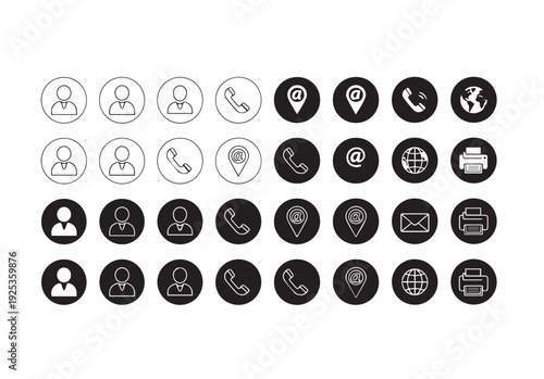 Set of contact icons for personal and business communication, including people, phone, mail and location