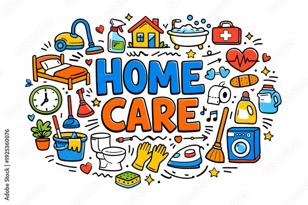 Fototapeta premium Colorful home care essentials and cleaning tools illustration