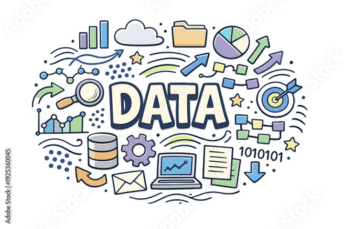 Colorful data science doodle with charts, graphs, and technology elements