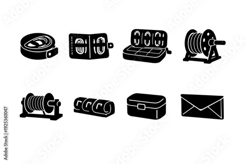 Collection of various icon illustrations of containers and tools