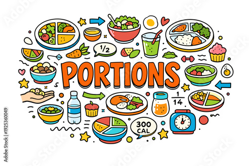 Healthy portions and balanced diet concept with diverse food illustrations