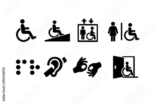 Accessibility symbols: wheelchair ramp, braille, sign language, hearing impairment, elevator access