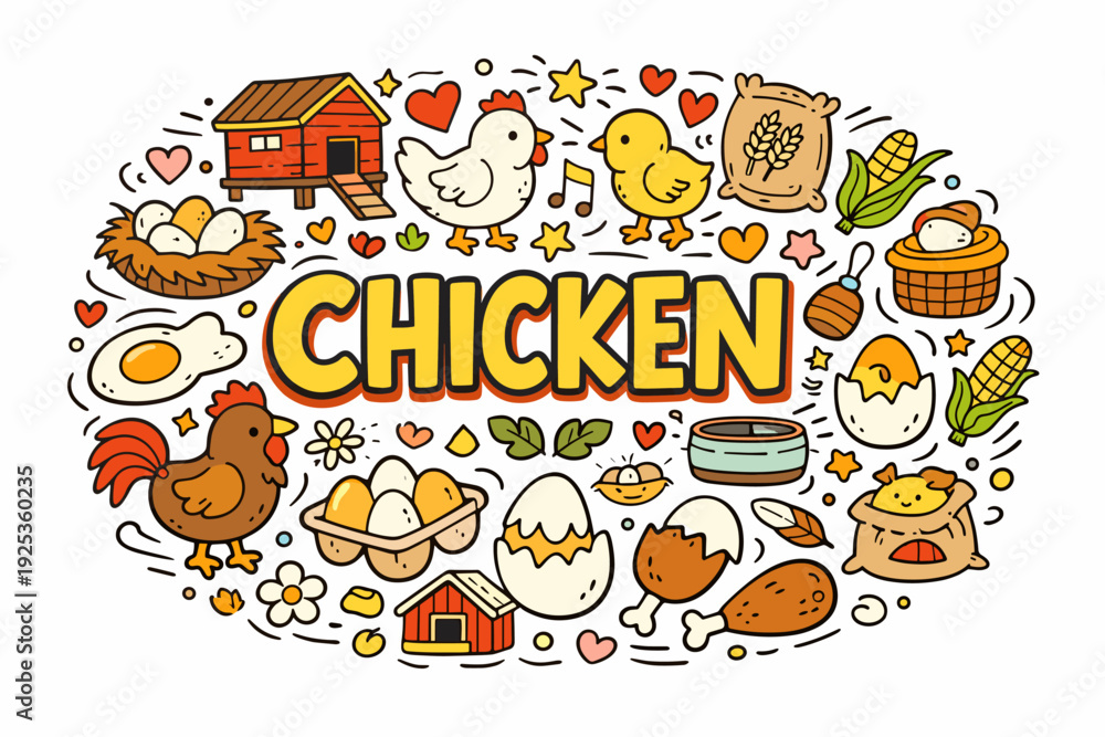 Fototapeta premium Colorful chicken and farm life illustration with eggs and chicks