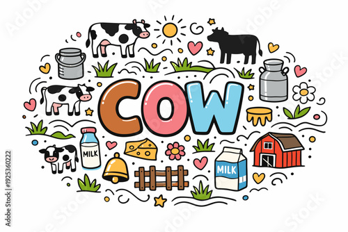 Colorful cow illustration featuring farm elements and dairy products