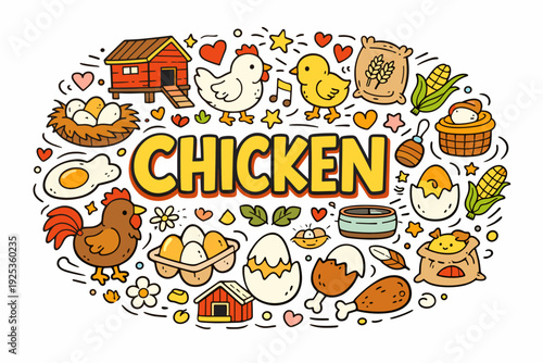Colorful chicken and farm life illustration with eggs and chicks